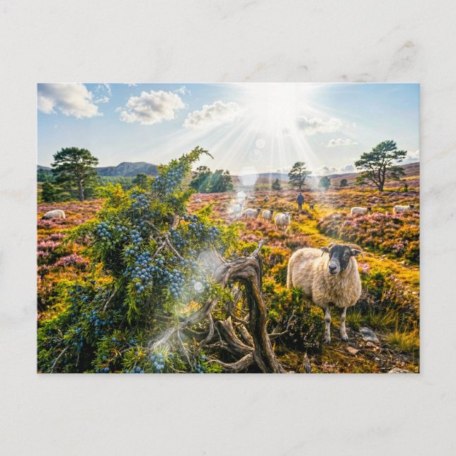 Carte Postale Moutons dans la lande avec genévrier (Devant)