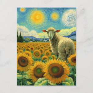 Carte Postale Moutons dans le champ de tournesol Faux Van Gogh