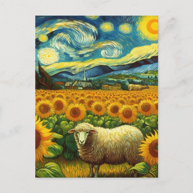 Carte Postale Moutons dans le champ de tournesol Van Gogh Style (Devant)
