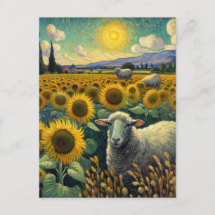Carte Postale Moutons dans le champ de tournesols Van Gogh