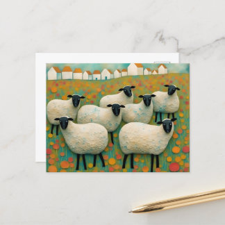 Carte Postale Moutons dans le champ Petites maisons dans une ran