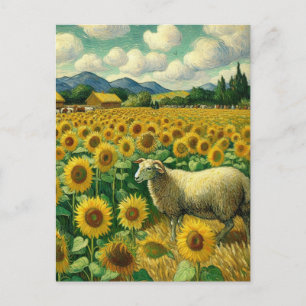 Carte Postale Moutons dans les champs de tournesol