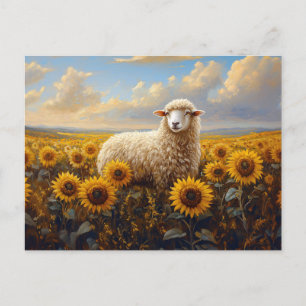 Carte Postale Moutons dans une peinture sur terrain de tournesol
