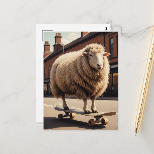 Carte Postale Moutons de planche à roulettes (Devant/Arrière en situation)