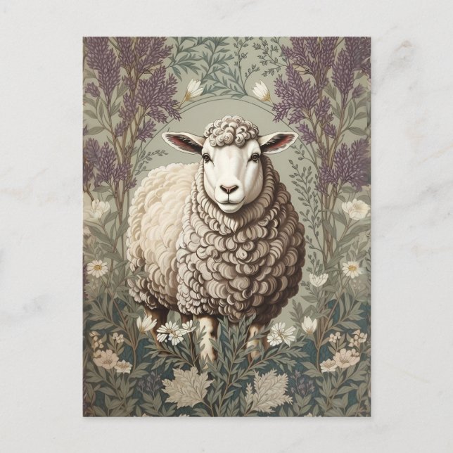 Carte Postale Moutons Élégants Fond de Fleur de Lavande (Devant)