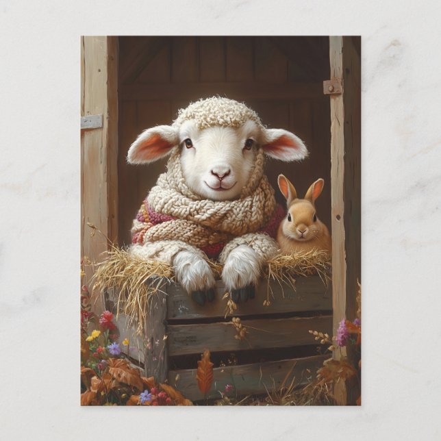 Carte Postale Moutons et lapin douillets en Grange avec Fleurs (Devant)