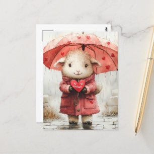 Carte Postale Moutons sur un jour pluvieux Coeurs roses Paraplui