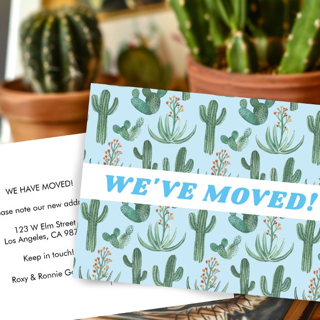 Carte Postale MOUVEMENT FAIRE-PART Cactus du désert Aquarelle Bl (MOVING ANNOUNCEMENT Desert Cactus Watercolor Blue Custom New Address We've Moved Postcard
)