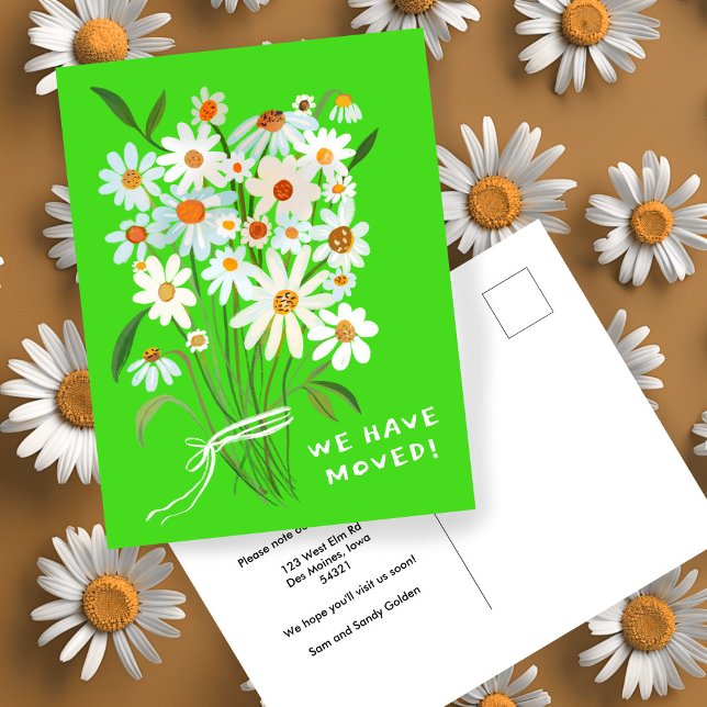 Carte Postale MOUVEMENT FAIRE-PART Cute Daisy Bouquet peint main (MOVING ANNOUNCEMENT Cute Daisy Bouquet Handpainted Lime Neon Postcard
)