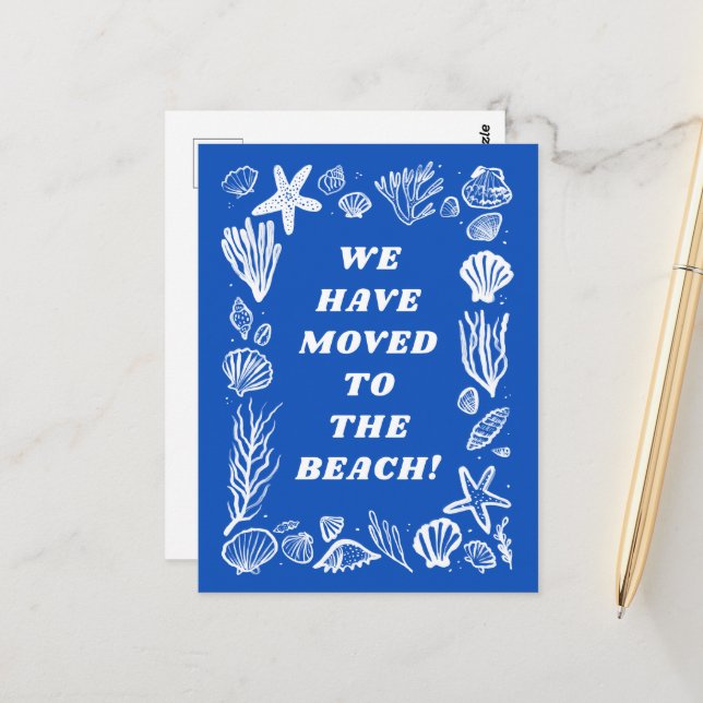 Carte Postale MOVING ANNOUNCEMENT ADDRESS Blue Seashells Beach (Devant/Arrière en situation)