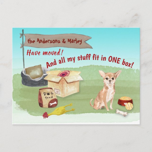 Carte Postale Moving Cute Chihuahua Toys Notre Nouvelle Maison (Devant)