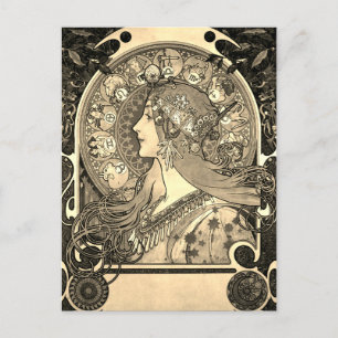 Carte Postale Mucha Art Nouveau Femme Vintage Zodiac La Pluma