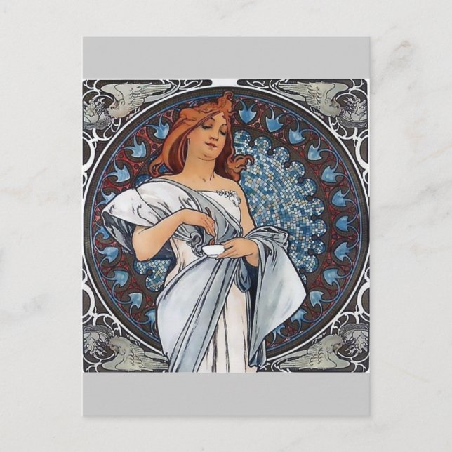 Carte Postale Mucha art robe blanche femme cuillère tasse (Devant)