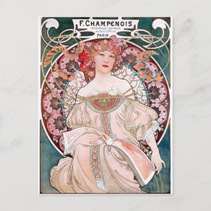 Carte Postale Mucha Champenois paris robe rose dame art déco