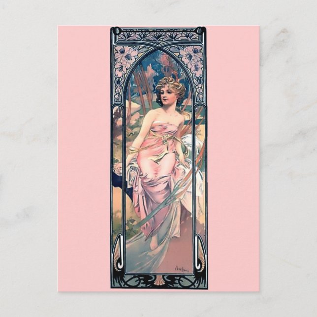 Carte Postale Mucha femme rose robe romantique art déco dame (Devant)