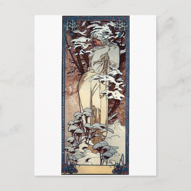 Carte Postale mucha hiver Art nouveau poster femme neige (Devant)