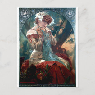 Carte Postale Mucha Lefevre Utile art déco femme robe rouge