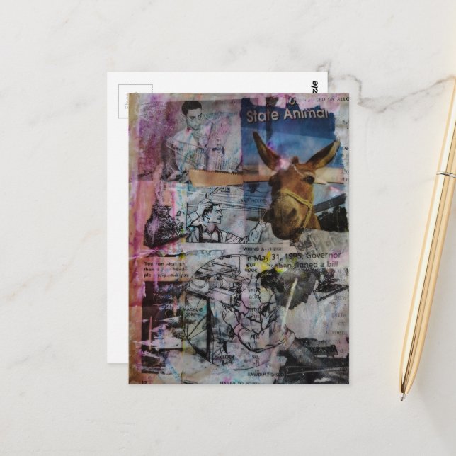 Carte Postale Mulet et Hommes un collage unique en technique mix (Devant/Arrière en situation)