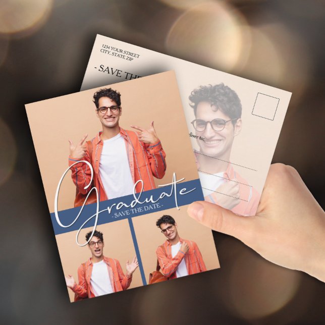 Carte Postale Multi Photo Blue Graduation Enregistrer la date (Créateur téléchargé)
