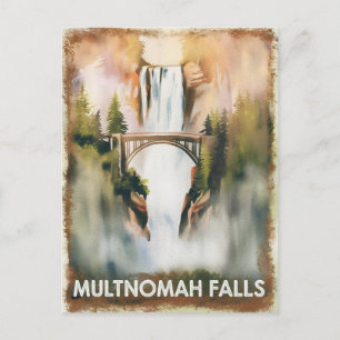 Carte Postale Multnomah Falls Vintage Aquarelle Peinture Voyage
