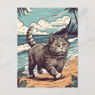 Carte Postale Munchkin-Cat sur une plage tropicale au coucher du