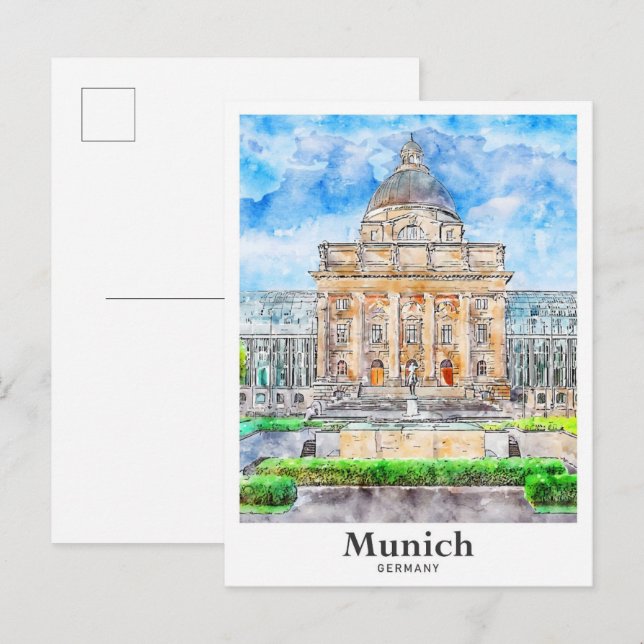 Carte Postale Munich Allemagne Voyage Aquarelle main tirée (Devant / Derrière)
