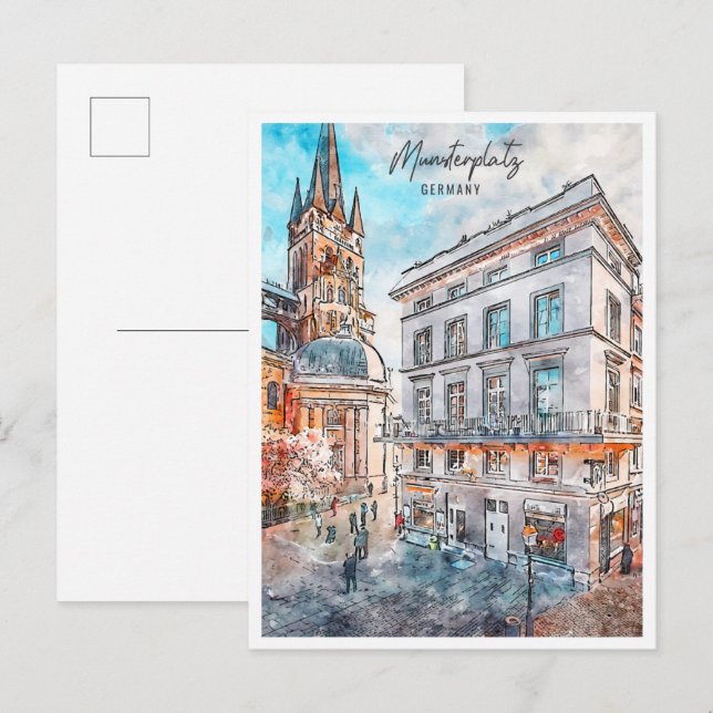 Carte Postale Munsterplatz Allemagne vintage voyage aquarelle (Devant / Derrière)