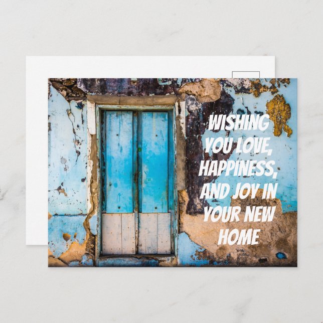 Carte Postale Mur bleu et porte nouvelle maison félicitations ca (Devant / Derrière)