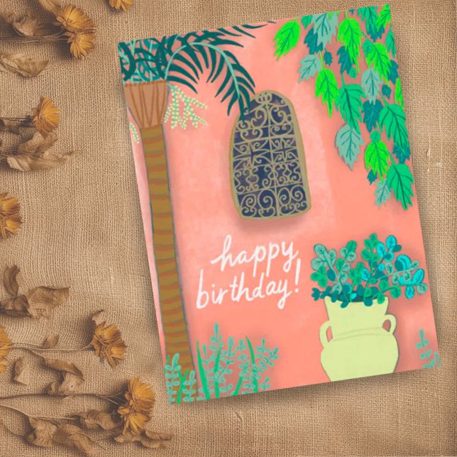 Carte Postale Mur de jardin rose Palmier exotique JOYEUX ANNIVER (Cute garden wall happy birthday custom postcard)