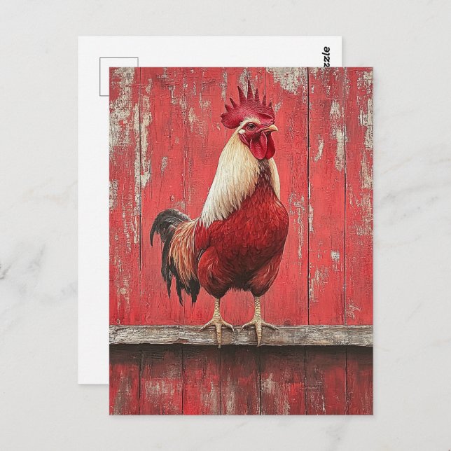 Carte Postale Mur de la grange en bois rouge coq (Devant / Derrière)
