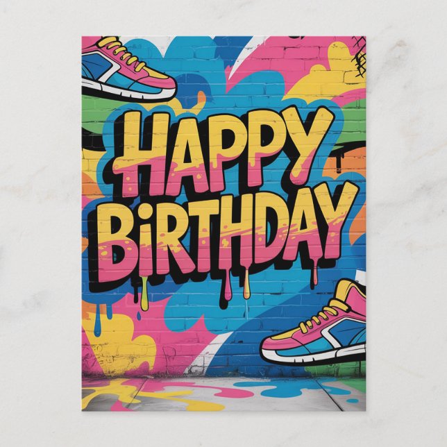 Carte Postale Mur graffiti « Joyeux Anniversaire » avec baskets (Devant)