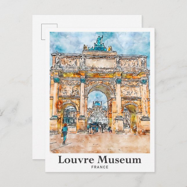 Carte Postale Musée du Louvre France Aquarelle à main (Devant / Derrière)