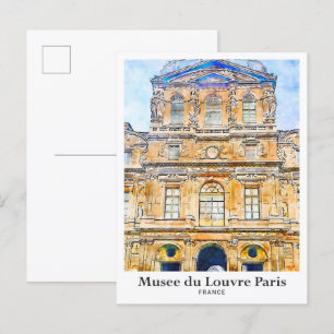 Carte Postale Musée du Louvre Paris Voyage Aquarelle Main tirée
