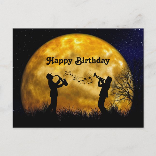 Carte Postale Musiciens Lune pleine Aquarelle Anniversaire (Devant)