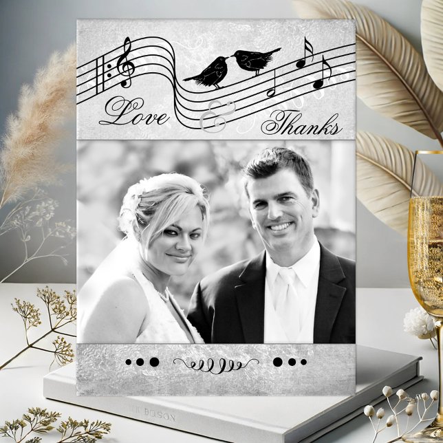 Carte Postale Musique Thème Mariage Photo Merci Postcard (Wedding Thank You postcard featuring your photo framed by a music themed design with love birds)