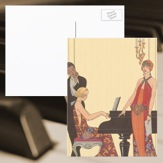 Carte Postale Musique Vintage, Art Déco Pianiste Musicien Chante