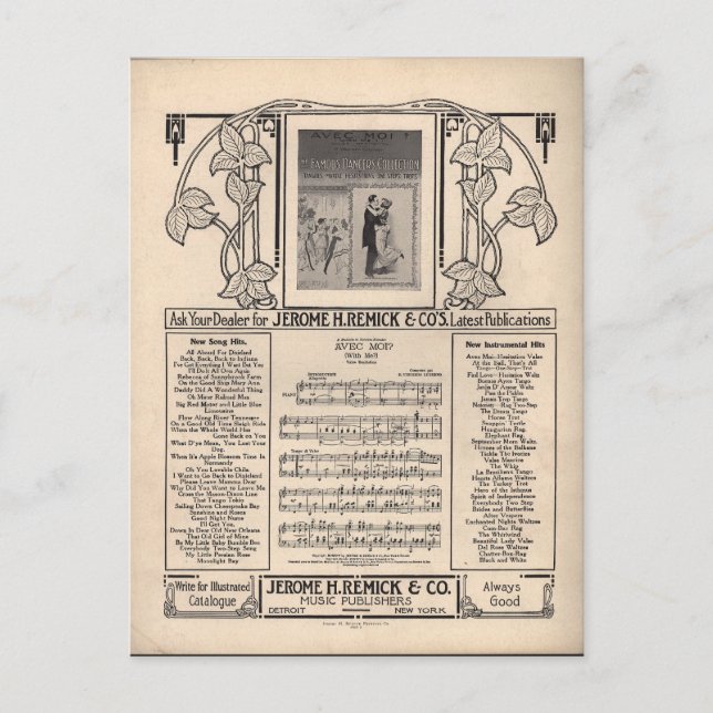 Carte Postale Musique vintage en feuille de tango (Devant)
