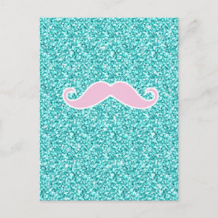 CARTE POSTALE MUSTACHE ROSE FILLE SUR EFFET PARTIES SCINTILLANT