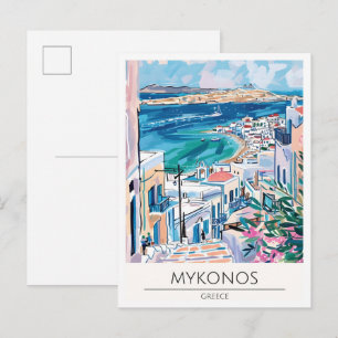 Carte Postale Mykonos Grèce Illustration d'Art Vintage Voyage