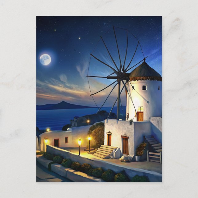 Carte Postale Mykonos, Grèce Wmill Night (Devant)
