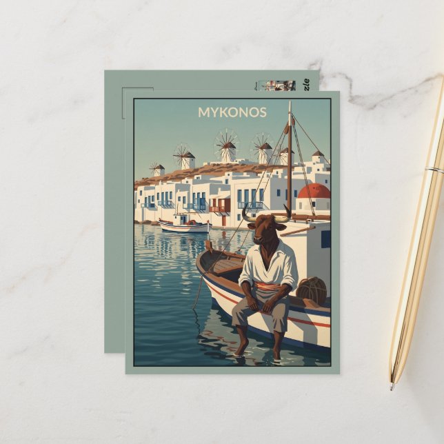 Carte Postale Mykonos sur le thème du WPA (Devant/Arrière en situation)
