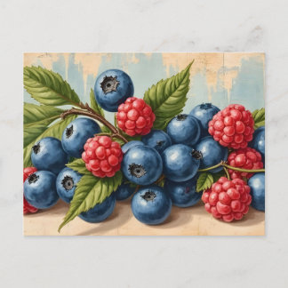 Carte Postale Myrtilles et framboises vintage