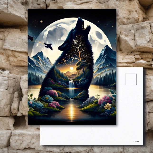 Carte Postale Mystical Wolf Howling at Moon Surreal (Créateur téléchargé)
