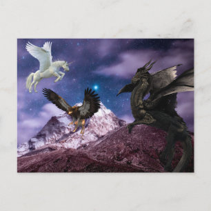 Carte Postale Mythologie Dragon Griffin Unicorne Pegasus