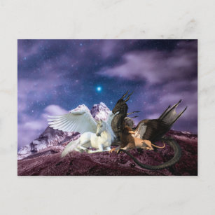 Carte Postale Mythologie Dragon Griffin Unicorne Pegasus