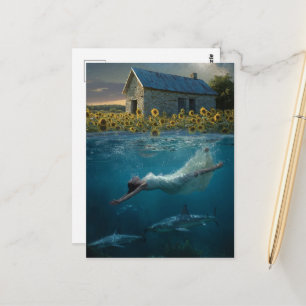 Carte Postale Nager avec des requins dans l'art surréaliste de l