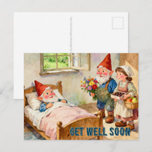 Carte Postale Nain de jardin malade à la maison avec des visiteu