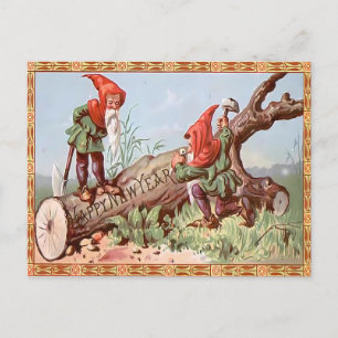Carte Postale Nains de gnome vintage sculptant un rondin "Bonne