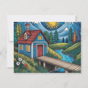 Carte postale NAIVE boisée scène et cabine.