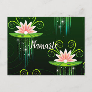 Carte Postale Namaste Pink Lys & Green Pads Étoiles Étincelantes